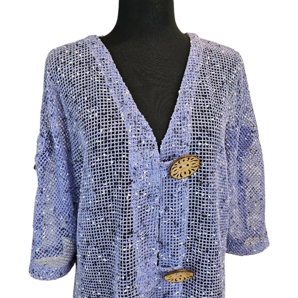 Lulu-B Purple Open Weave Cardigan Size Medium Oversized Wood Buttons Casual - Picture 5 of 12